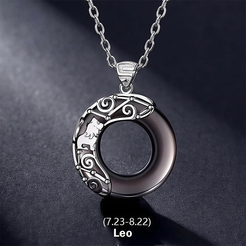Nimara Ritual 12 Constellations of the Zodiac Ice Obsidian Blessing Round Pendant Necklace