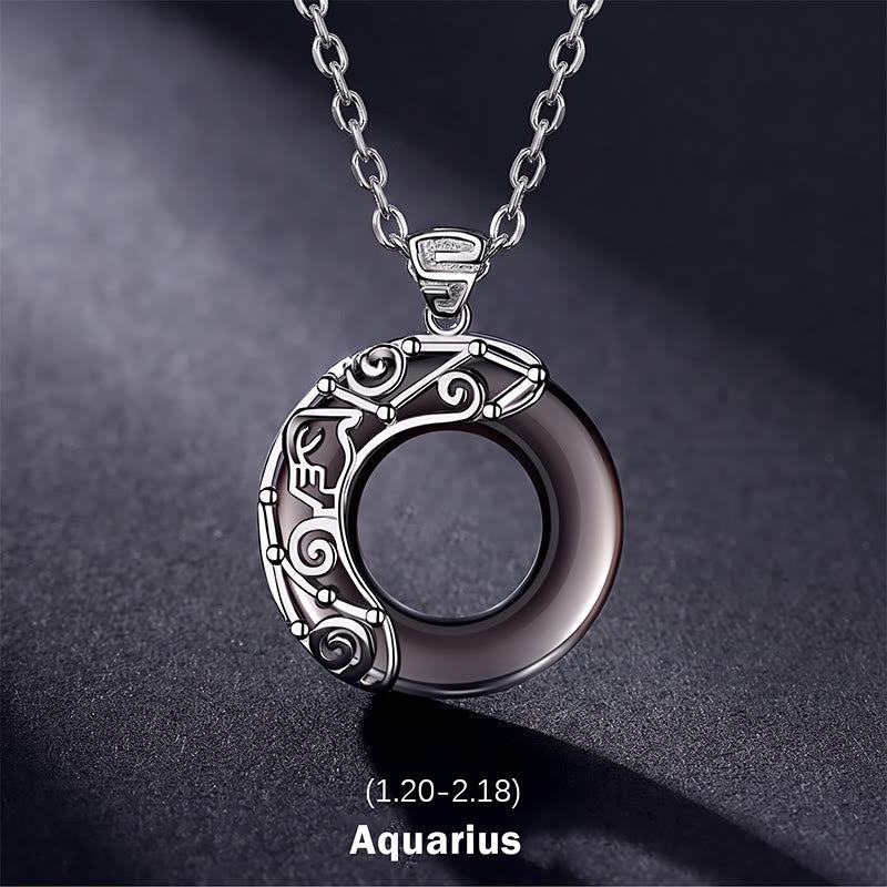 Nimara Ritual 12 Constellations of the Zodiac Ice Obsidian Blessing Round Pendant Necklace