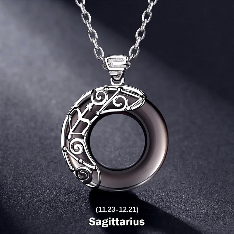 Nimara Ritual 12 Constellations of the Zodiac Ice Obsidian Blessing Round Pendant Necklace