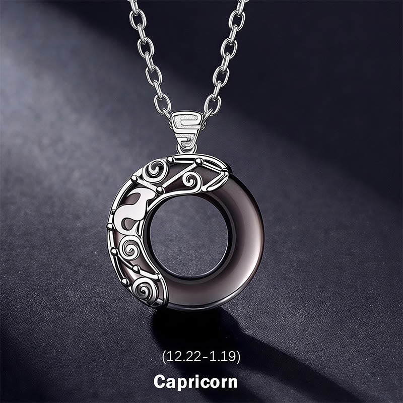 Nimara Ritual 12 Constellations of the Zodiac Ice Obsidian Blessing Round Pendant Necklace