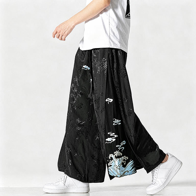 Nimara Ritual Spring Summer Tang Style Drawstring Embroidery Abstract Cropped Pants Men's Wide Leg Pants With Pocket