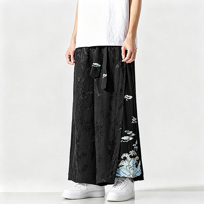 Nimara Ritual Spring Summer Tang Style Drawstring Embroidery Abstract Cropped Pants Men's Wide Leg Pants With Pocket