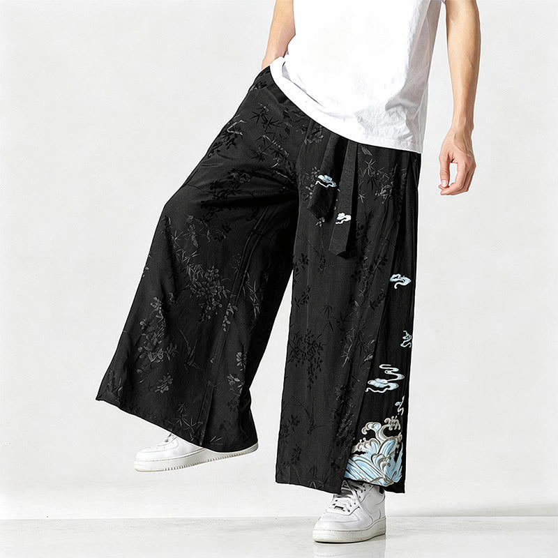 Nimara Ritual Spring Summer Tang Style Drawstring Embroidery Abstract Cropped Pants Men's Wide Leg Pants With Pocket