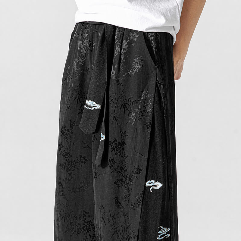 Nimara Ritual Spring Summer Tang Style Drawstring Embroidery Abstract Cropped Pants Men's Wide Leg Pants With Pocket