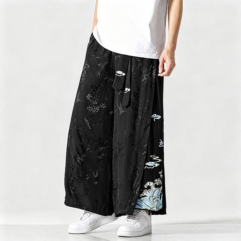 Nimara Ritual Spring Summer Tang Style Drawstring Embroidery Abstract Cropped Pants Men's Wide Leg Pants With Pocket