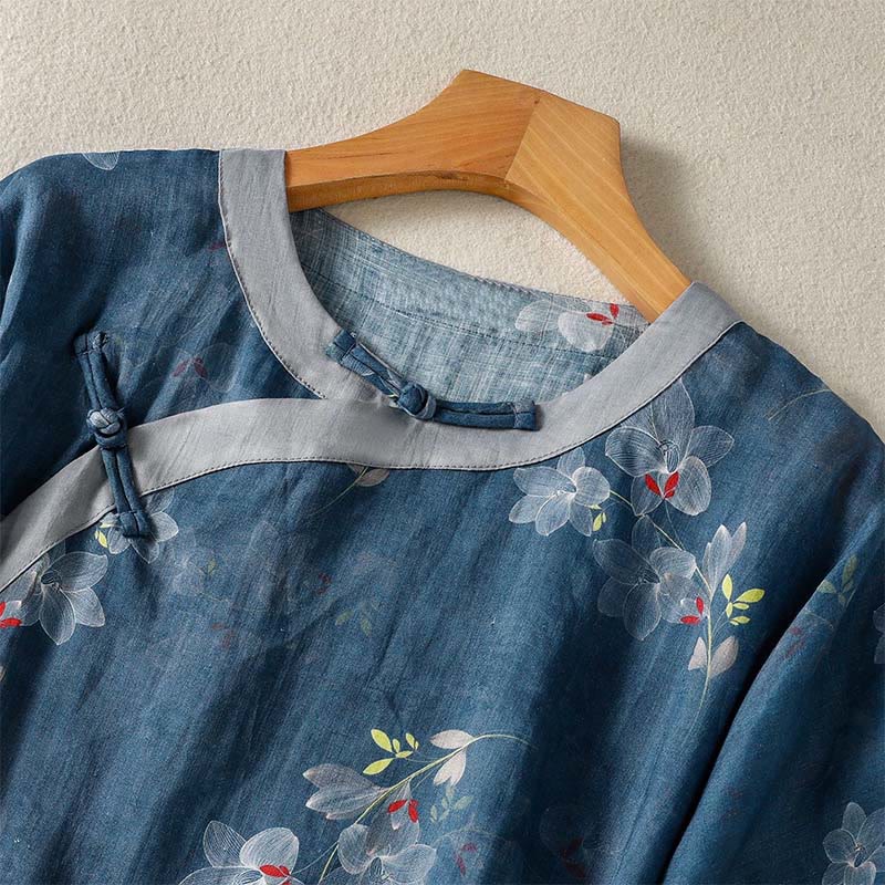 Nimara Ritual Spring Summer Tang Style Vintage Frog Button Floral Cotton Linen Women's Elbow-Length Sleeve Shirts