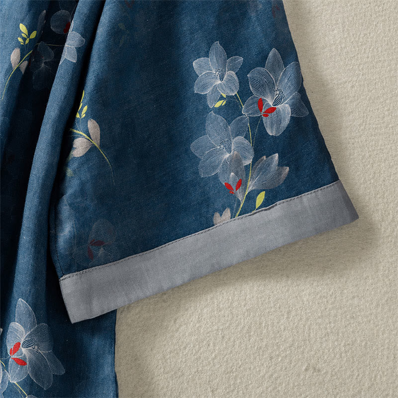 Nimara Ritual Spring Summer Tang Style Vintage Frog Button Floral Cotton Linen Women's Elbow-Length Sleeve Shirts