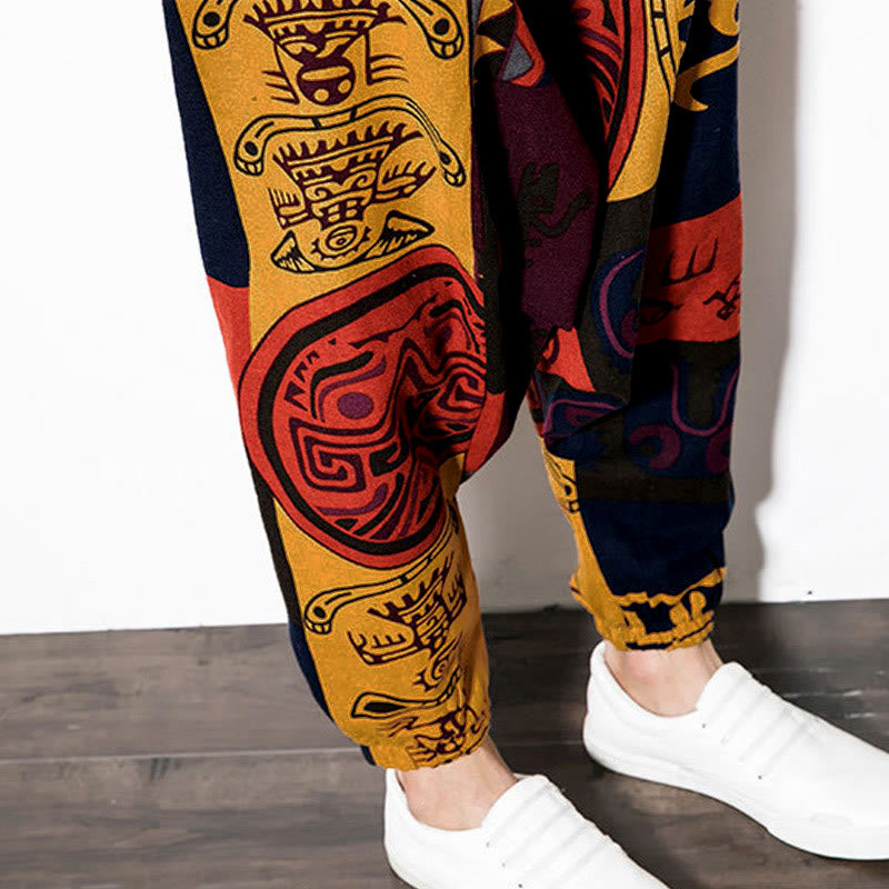 Nimara Ritual Red Brown Graffiti Bird Print Men's Harem Pants With Pockets