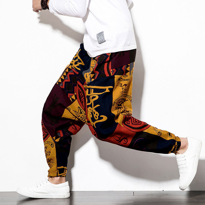 Nimara Ritual Red Brown Graffiti Bird Print Men's Harem Pants With Pockets