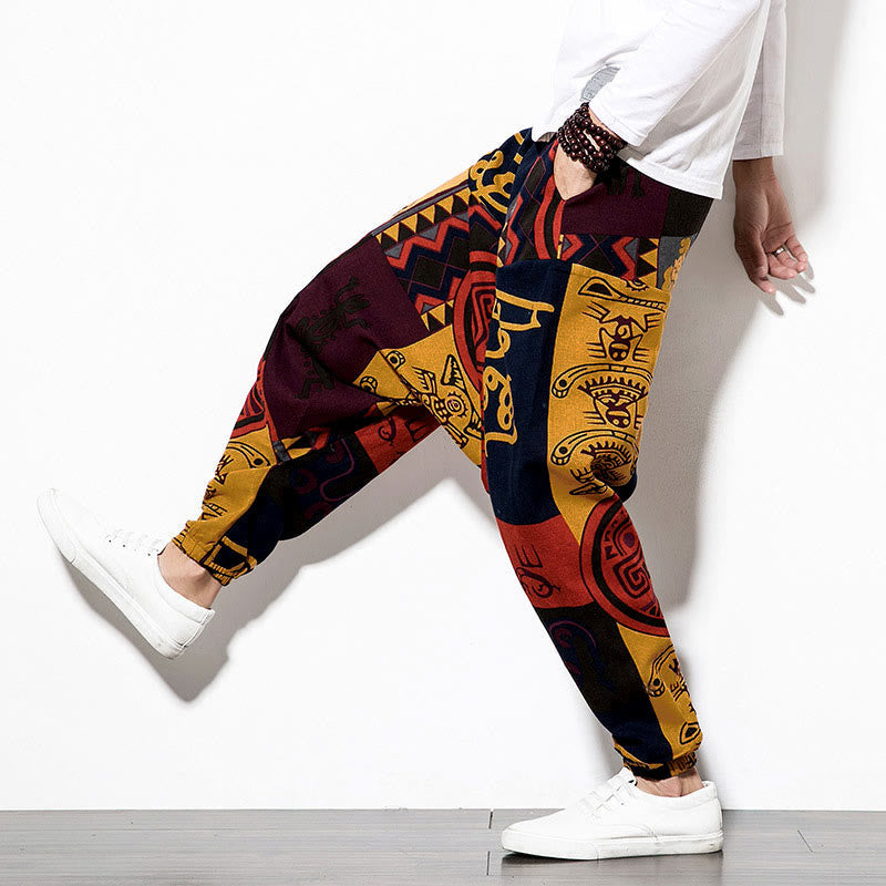 Nimara Ritual Red Brown Graffiti Bird Print Men's Harem Pants With Pockets