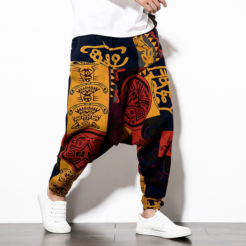 Nimara Ritual Red Brown Graffiti Bird Print Men's Harem Pants With Pockets