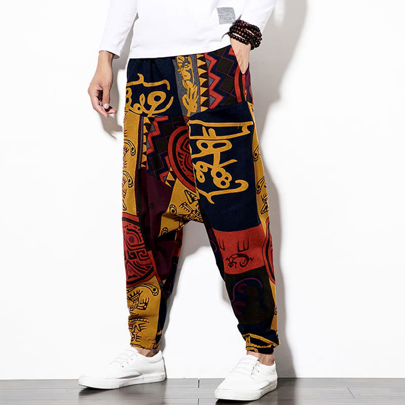 Nimara Ritual Red Brown Graffiti Bird Print Men's Harem Pants With Pockets