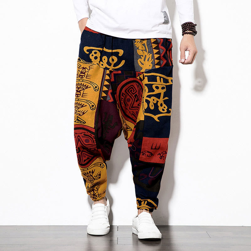 Nimara Ritual Red Brown Graffiti Bird Print Men's Harem Pants With Pockets