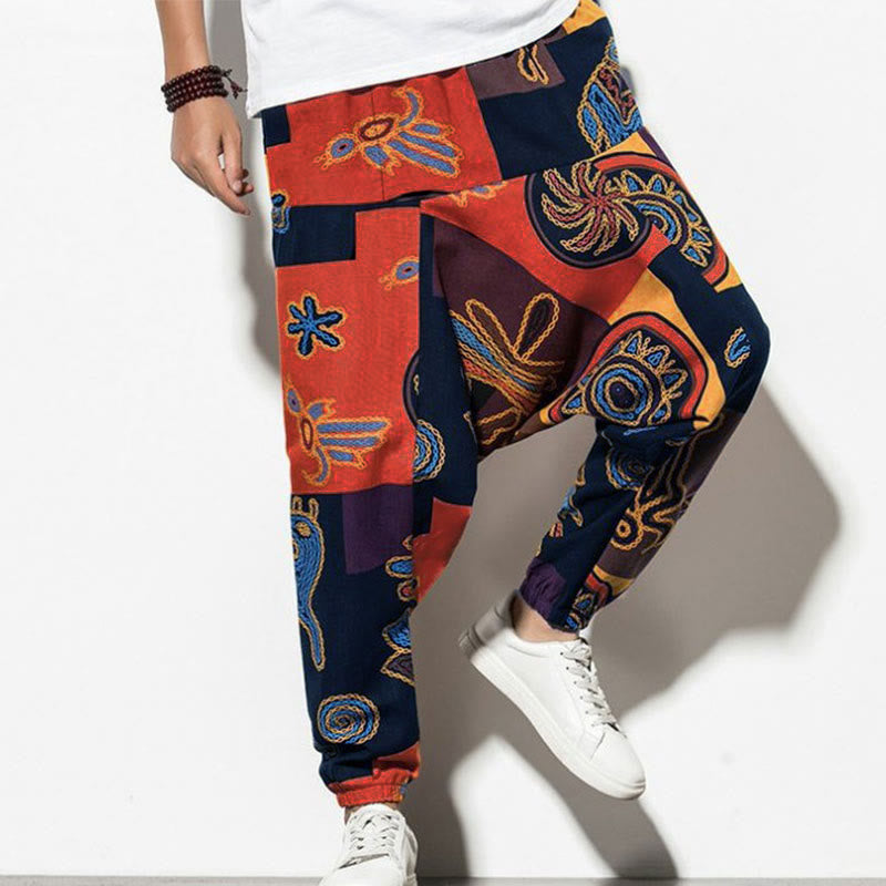 Nimara Ritual Red Brown Graffiti Bird Print Men's Harem Pants With Pockets