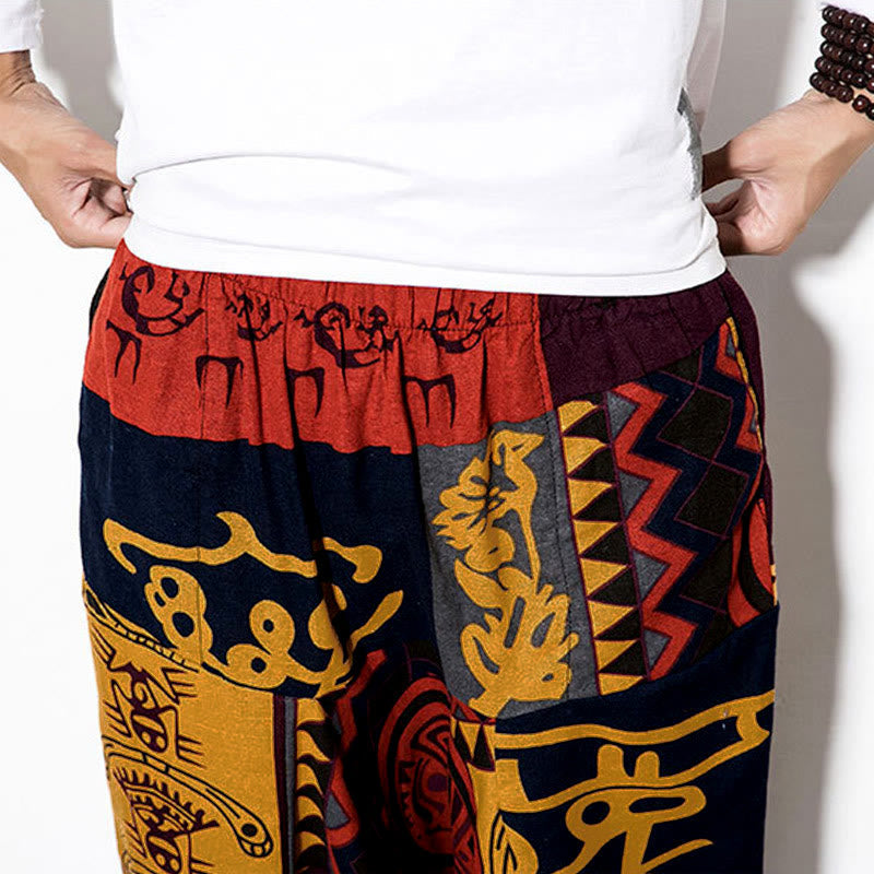 Nimara Ritual Red Brown Graffiti Bird Print Men's Harem Pants With Pockets