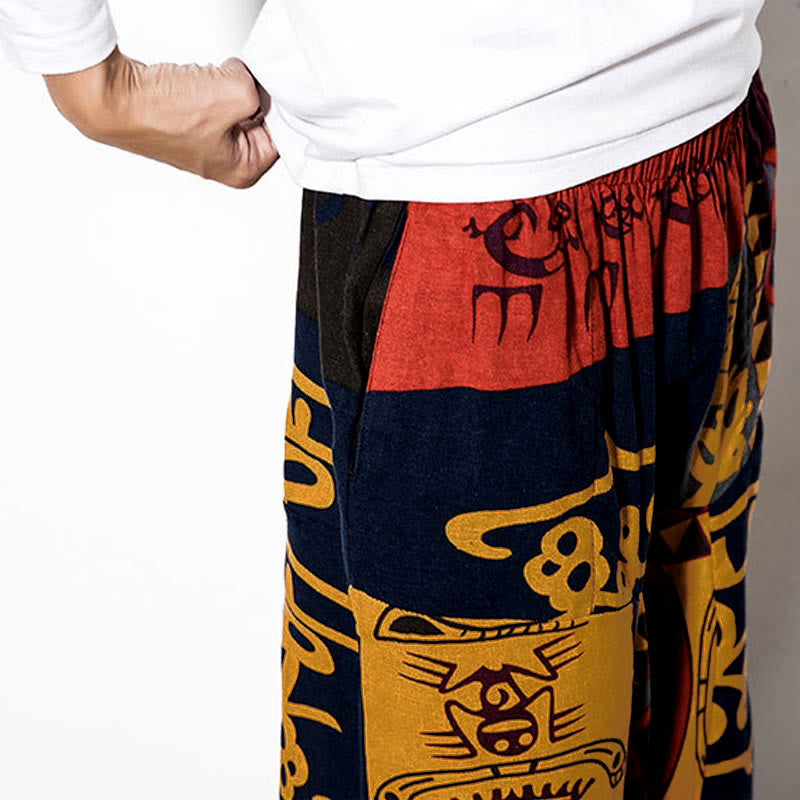Nimara Ritual Red Brown Graffiti Bird Print Men's Harem Pants With Pockets