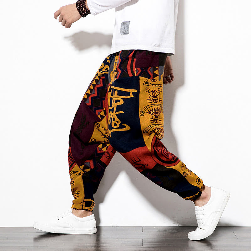 Nimara Ritual Red Brown Graffiti Bird Print Men's Harem Pants With Pockets