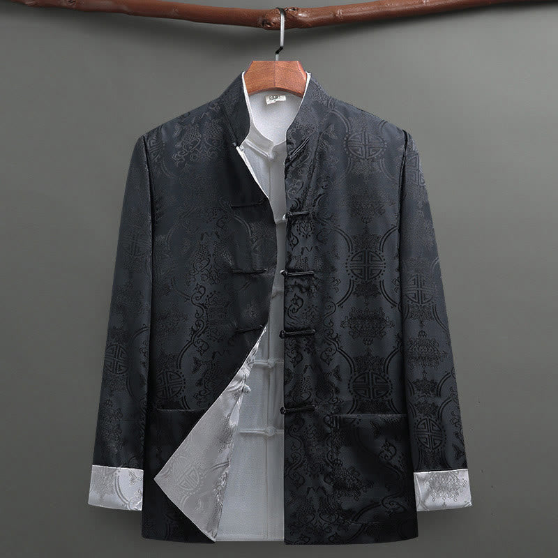 Nimara Ritual 2Pcs Men's Tang Suit Koi Fish Pattern Frog-Button Long Sleeve Shirt Pants Set