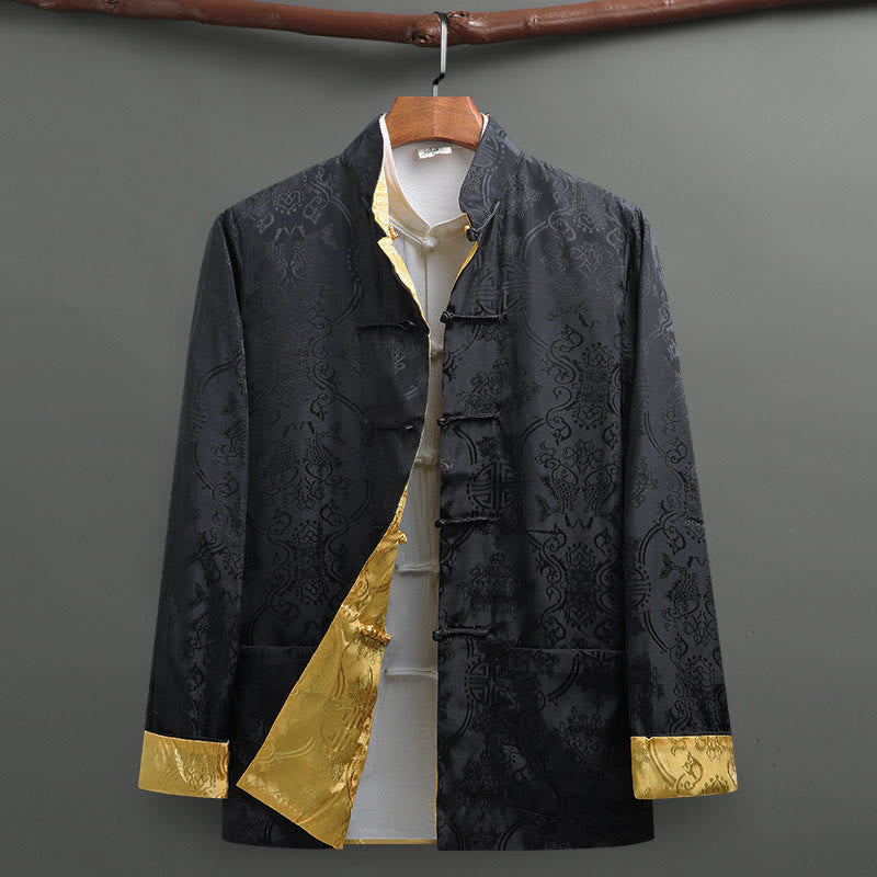 Nimara Ritual 2Pcs Men's Tang Suit Koi Fish Pattern Frog-Button Long Sleeve Shirt Pants Set