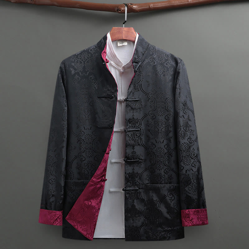 Nimara Ritual 2Pcs Men's Tang Suit Koi Fish Pattern Frog-Button Long Sleeve Shirt Pants Set