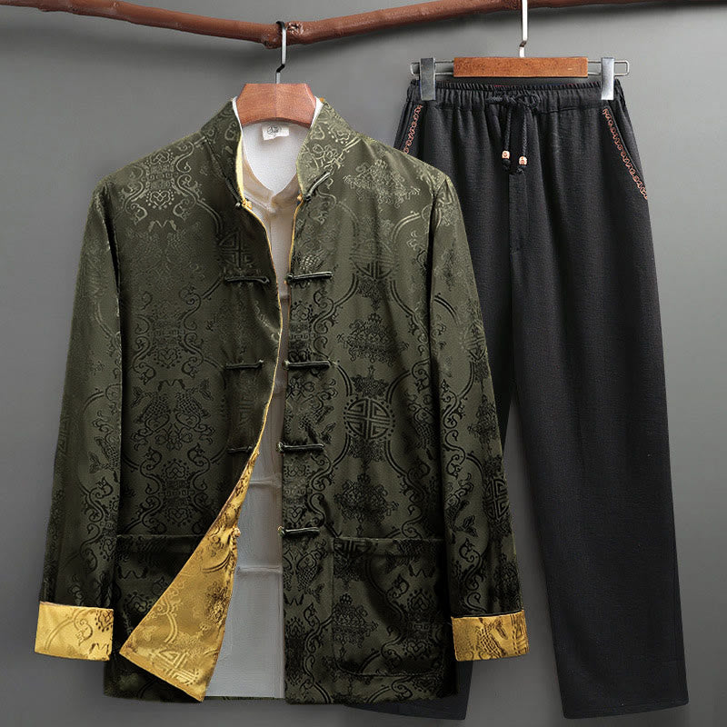 Nimara Ritual 2Pcs Men's Tang Suit Koi Fish Pattern Frog-Button Long Sleeve Shirt Pants Set