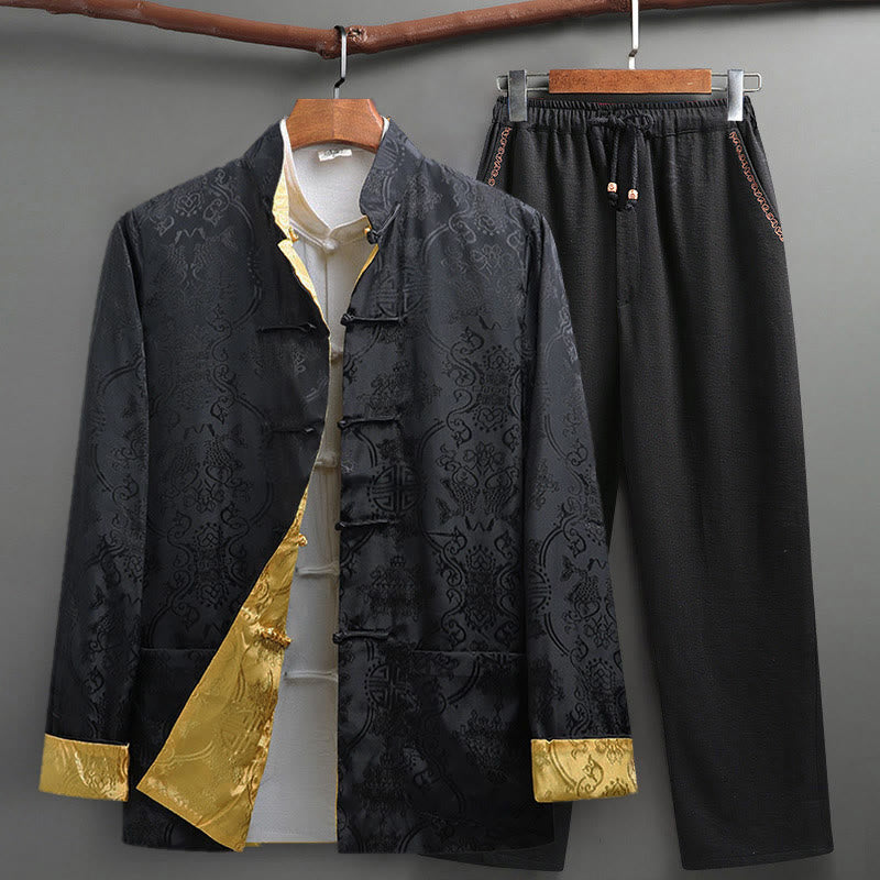 Nimara Ritual 2Pcs Men's Tang Suit Koi Fish Pattern Frog-Button Long Sleeve Shirt Pants Set