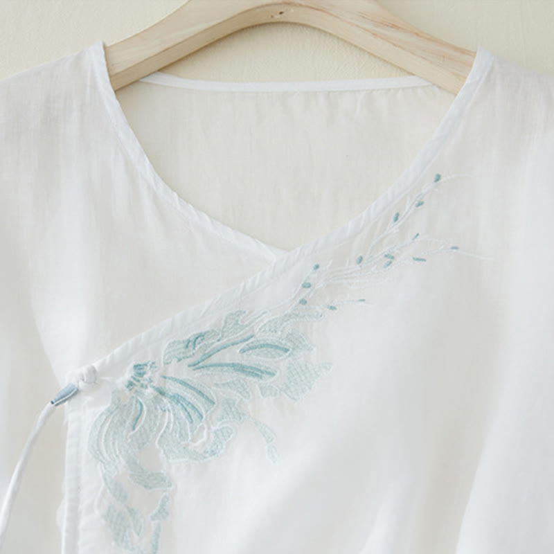 Nimara Ritual Casual Women's Embroidery Plants Design Three Quarter Sleeve Shirt