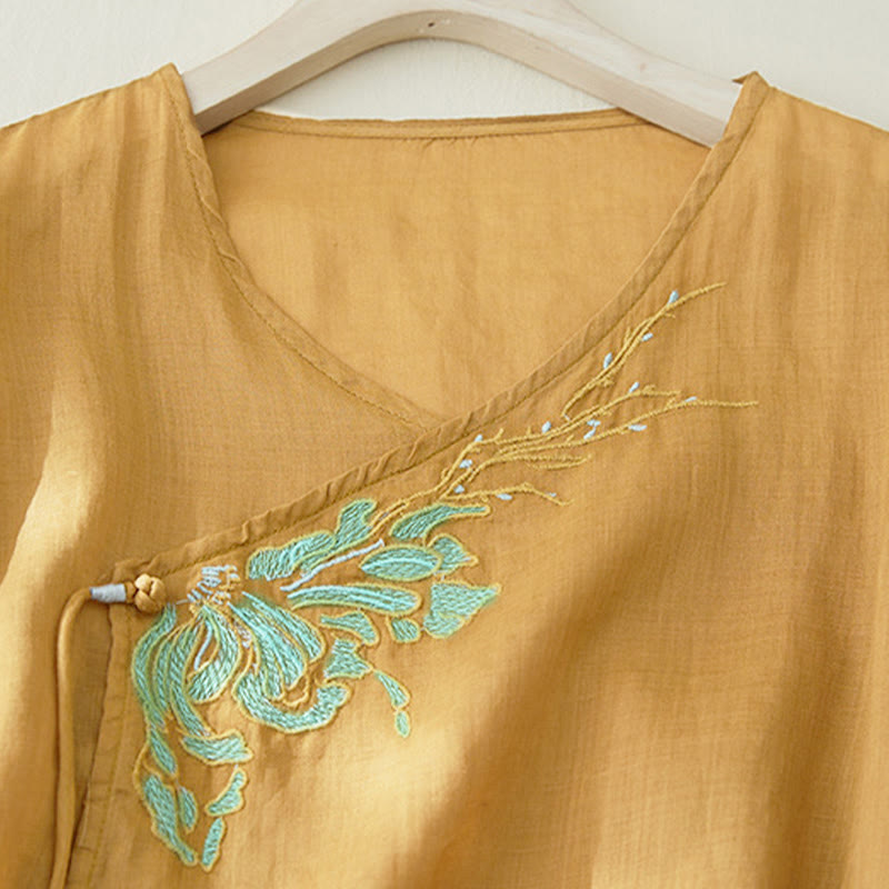 Nimara Ritual Casual Women's Embroidery Plants Design Three Quarter Sleeve Shirt
