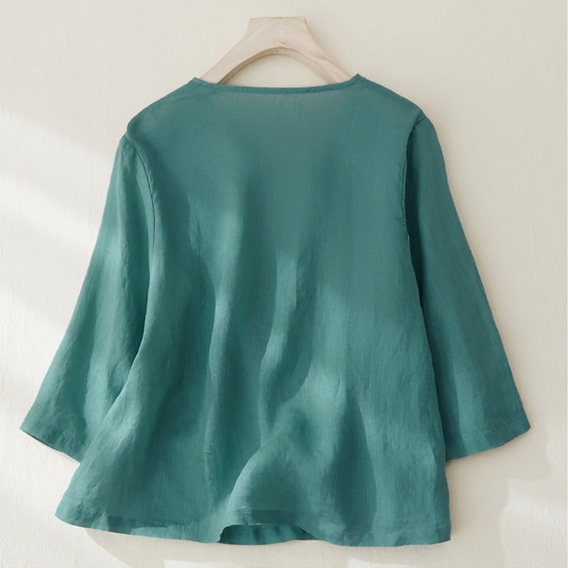 Nimara Ritual Casual Women's Embroidery Plants Design Three Quarter Sleeve Shirt