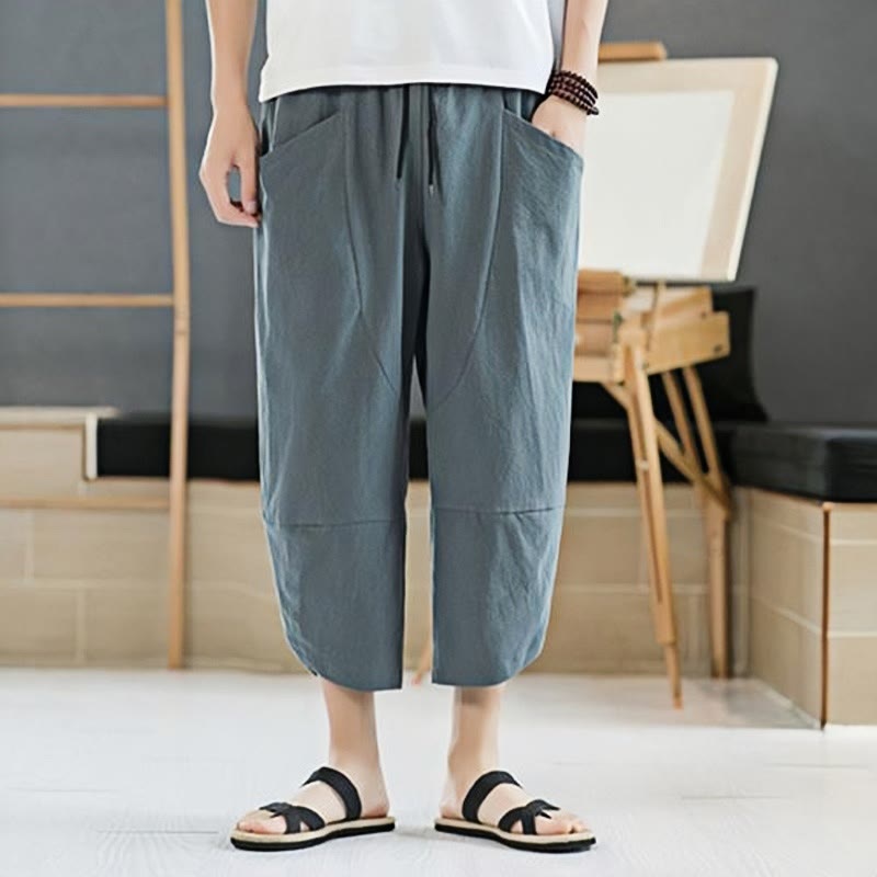 Nimara Ritual Summer Men's Solid Color 7-8 Length Drawstring Pants With Pockets