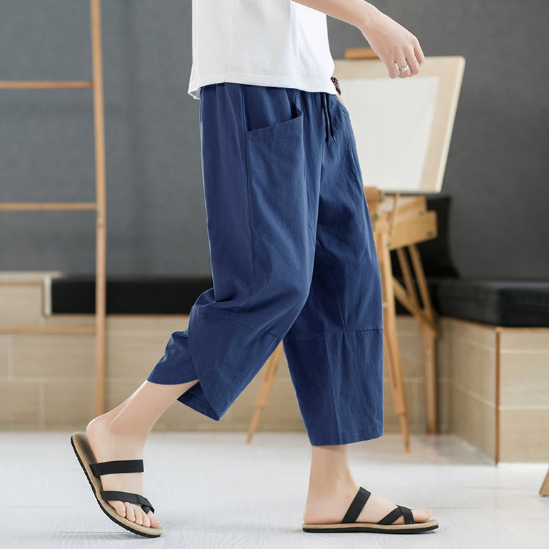 Nimara Ritual Summer Men's Solid Color 7-8 Length Drawstring Pants With Pockets