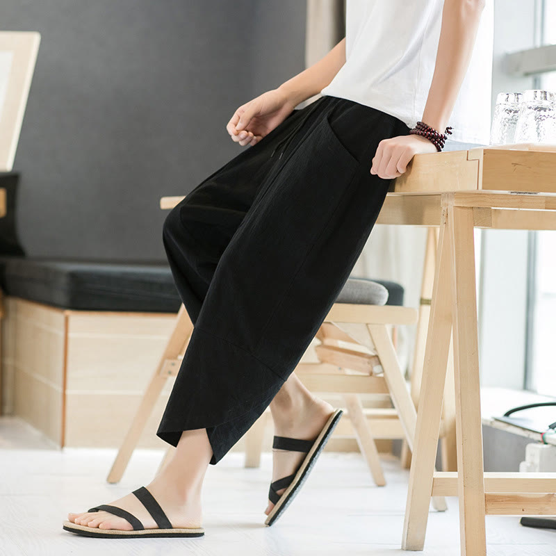 Nimara Ritual Summer Men's Solid Color 7-8 Length Drawstring Pants With Pockets