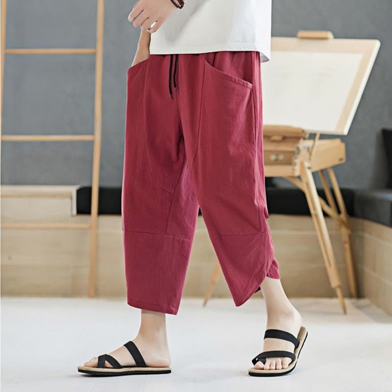 Nimara Ritual Summer Men's Solid Color 7-8 Length Drawstring Pants With Pockets