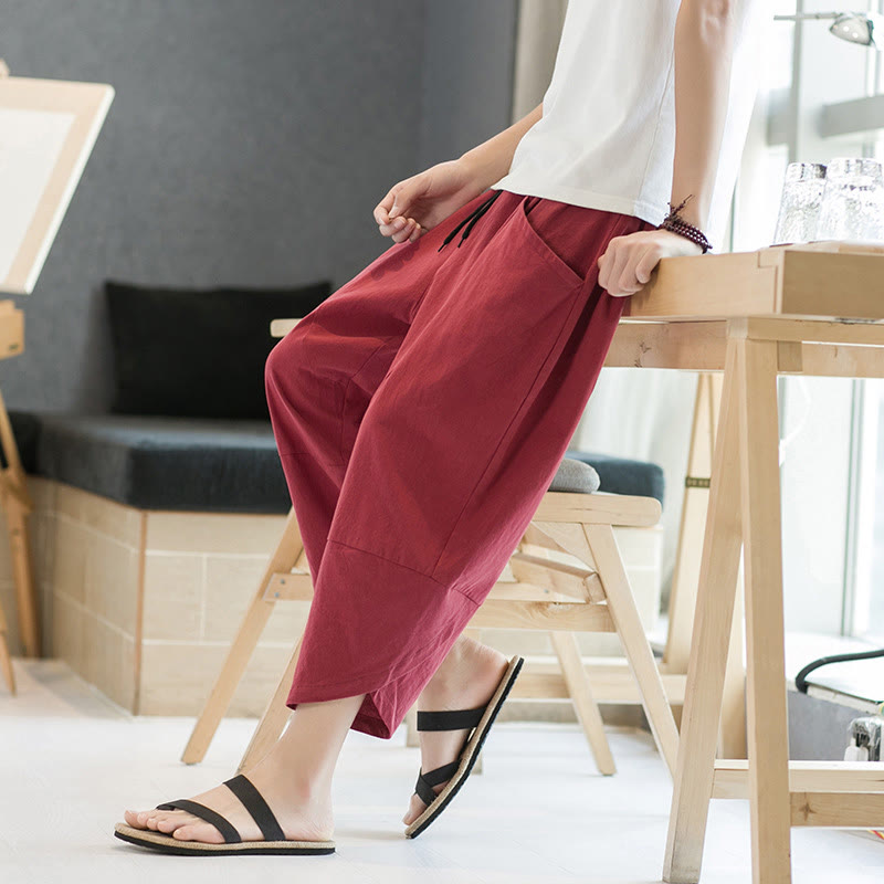 Nimara Ritual Summer Men's Solid Color 7-8 Length Drawstring Pants With Pockets