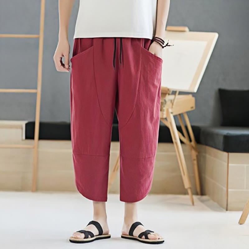 Nimara Ritual Summer Men's Solid Color 7-8 Length Drawstring Pants With Pockets