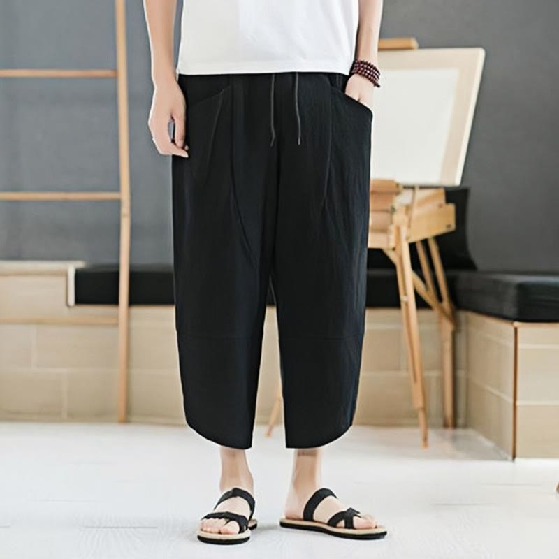 Nimara Ritual Summer Men's Solid Color 7-8 Length Drawstring Pants With Pockets