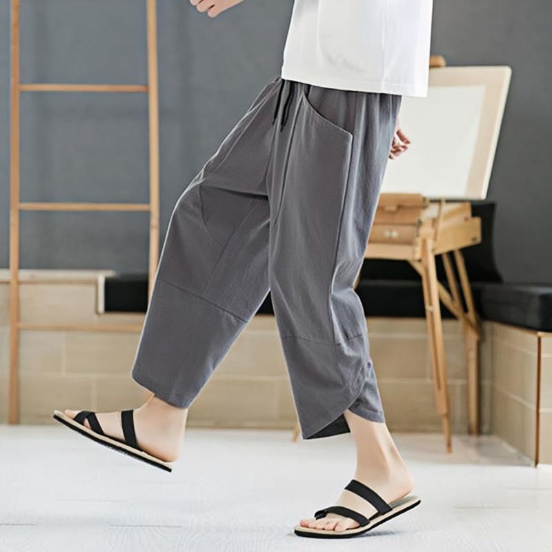 Nimara Ritual Summer Men's Solid Color 7-8 Length Drawstring Pants With Pockets