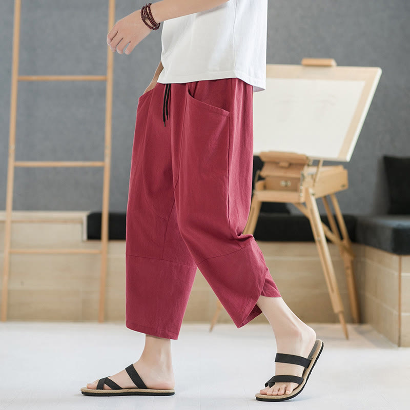 Nimara Ritual Summer Men's Solid Color 7-8 Length Drawstring Pants With Pockets