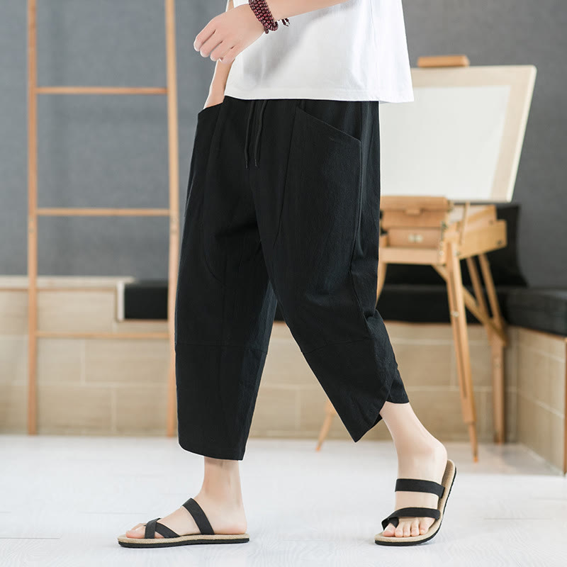 Nimara Ritual Summer Men's Solid Color 7-8 Length Drawstring Pants With Pockets