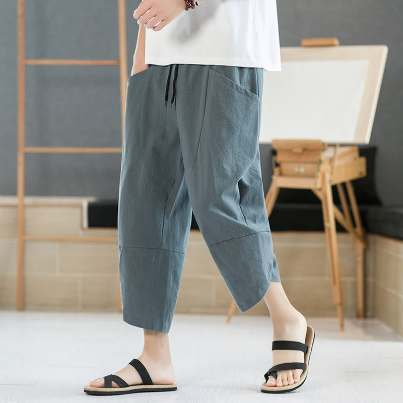 Nimara Ritual Summer Men's Solid Color 7-8 Length Drawstring Pants With Pockets