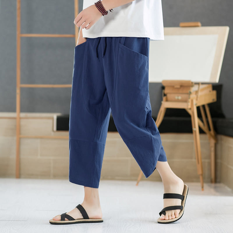 Nimara Ritual Summer Men's Solid Color 7-8 Length Drawstring Pants With Pockets