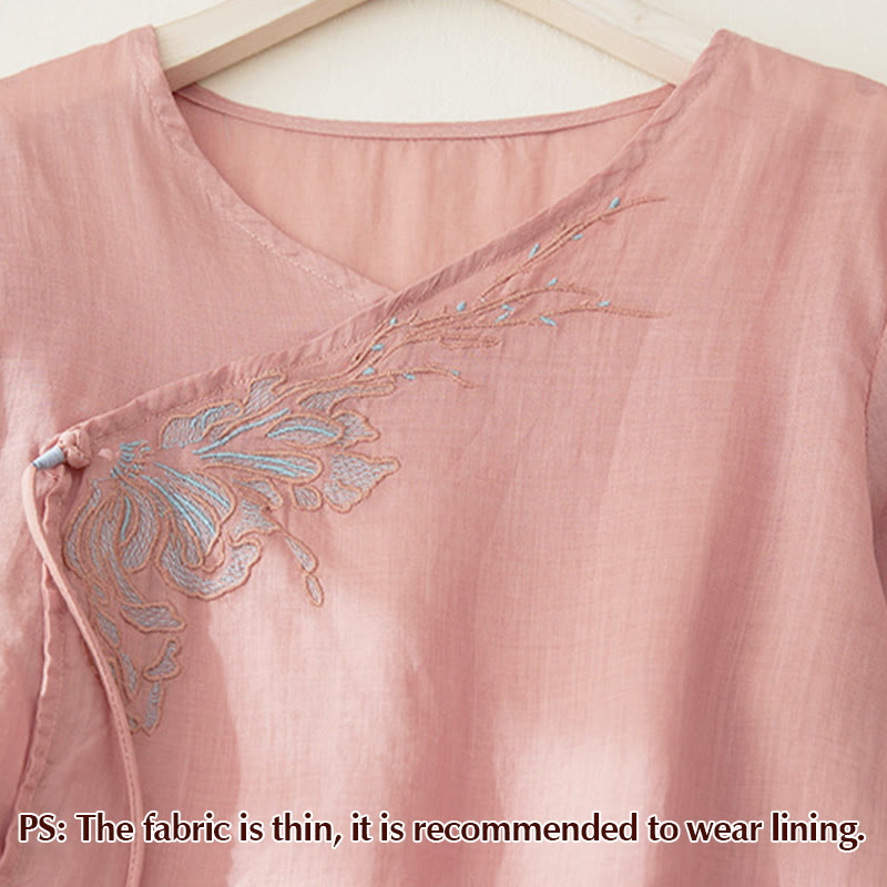 Nimara Ritual Casual Women's Embroidery Plants Design Three Quarter Sleeve Shirt