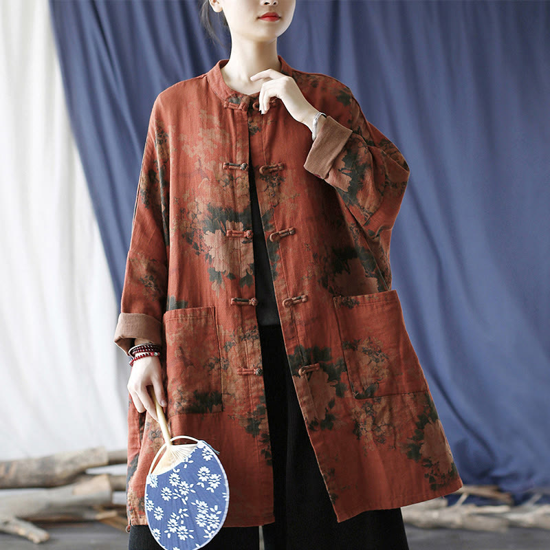 Nimara Ritual Orange Peony Flower Frog-Button Open Front Jacket With Pockets