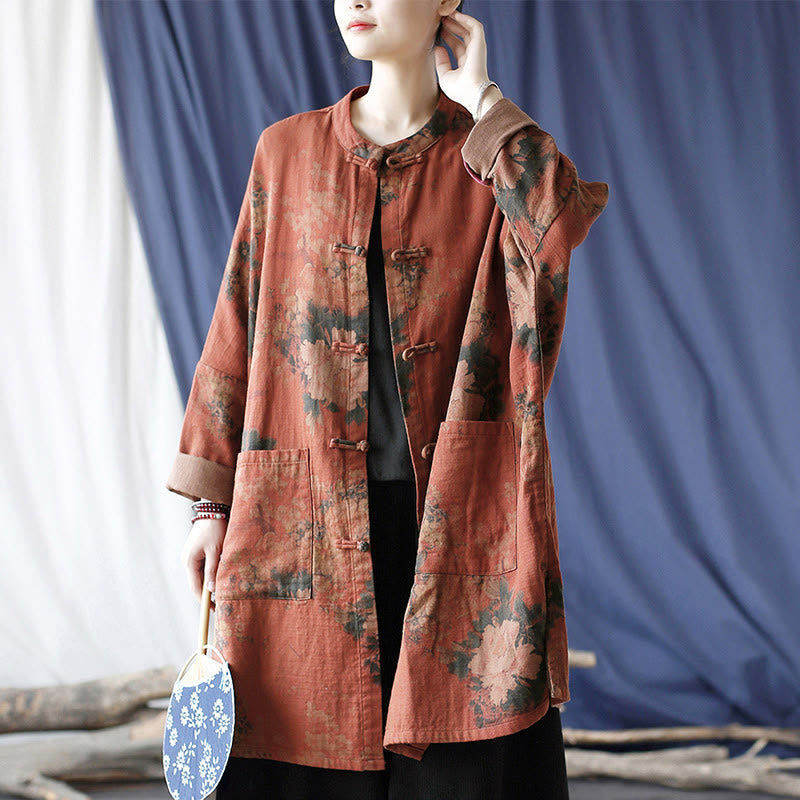 Nimara Ritual Orange Peony Flower Frog-Button Open Front Jacket With Pockets