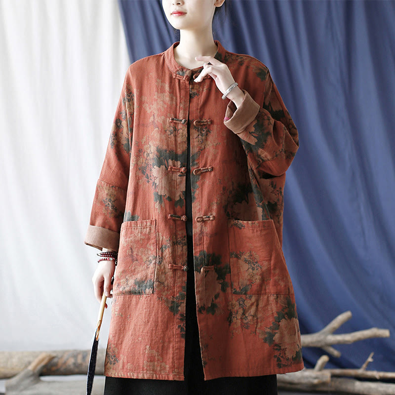 Nimara Ritual Orange Peony Flower Frog-Button Open Front Jacket With Pockets