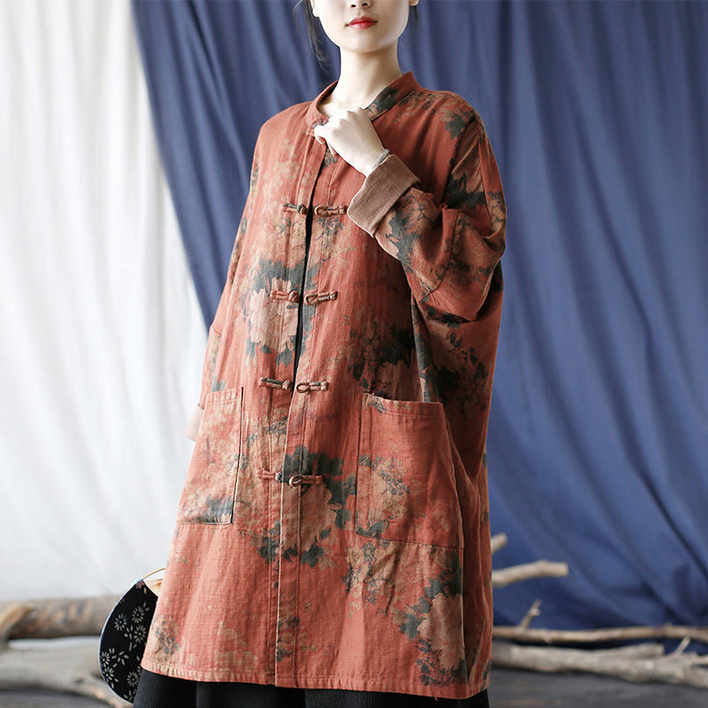 Nimara Ritual Orange Peony Flower Frog-Button Open Front Jacket With Pockets