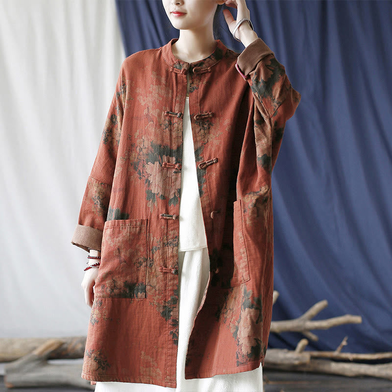 Nimara Ritual Orange Peony Flower Frog-Button Open Front Jacket With Pockets