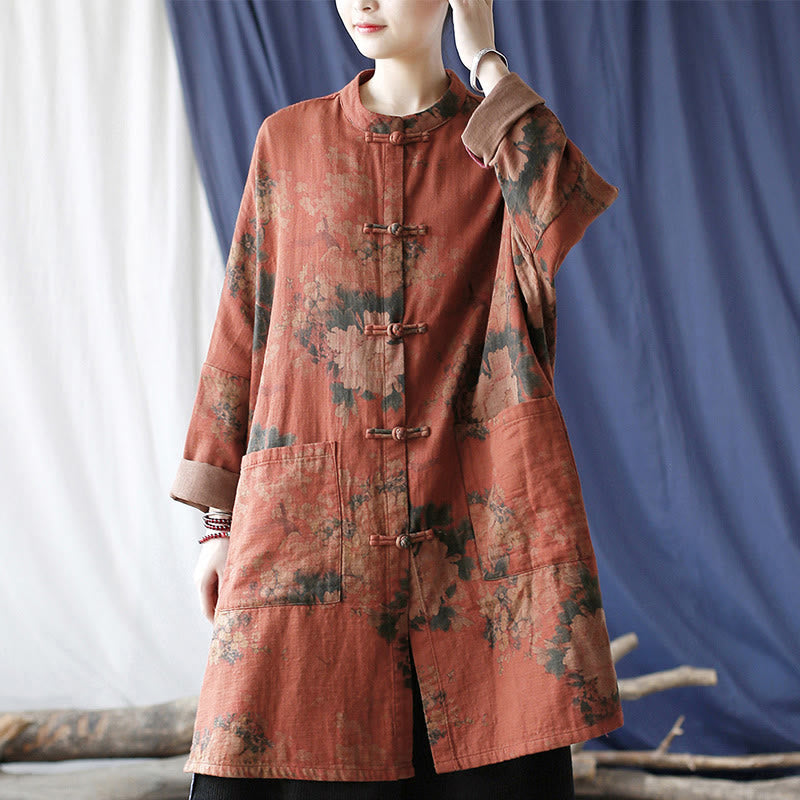 Nimara Ritual Orange Peony Flower Frog-Button Open Front Jacket With Pockets