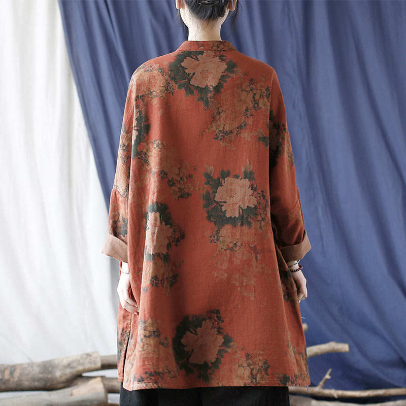 Nimara Ritual Orange Peony Flower Frog-Button Open Front Jacket With Pockets