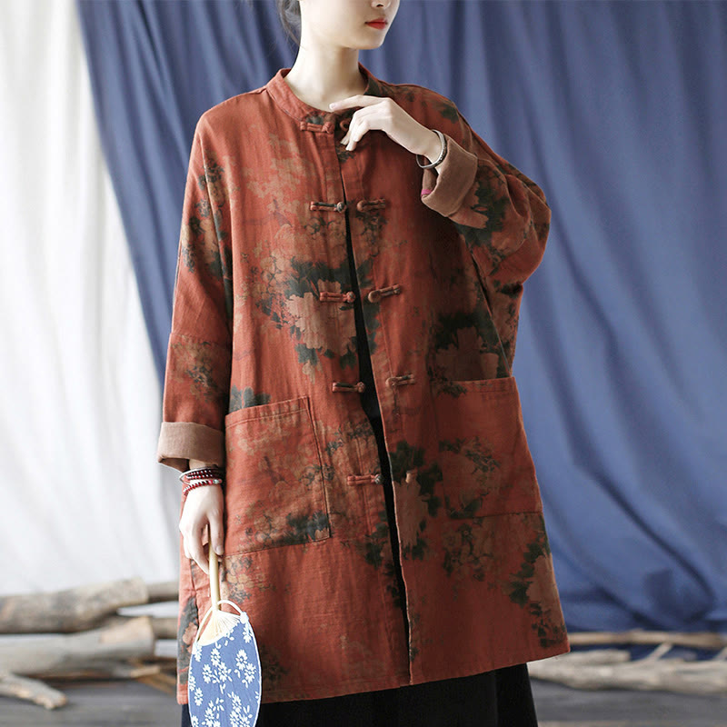 Nimara Ritual Orange Peony Flower Frog-Button Open Front Jacket With Pockets